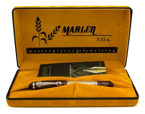 Marlen Series 21 Fountain Pen - Grey w Red, Button Filler, Sterling Silver Trim, 18k Medium Nib (Excellent + in Box,  Restored)