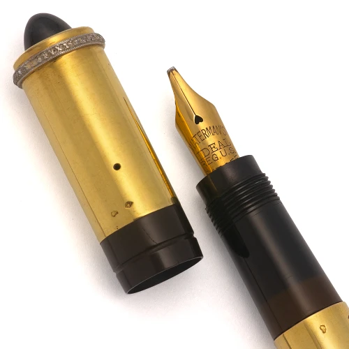Waterman 44 Safety Pen w Solid Gold Overlay - Continental Smooth 18k Overlay, Flexible Left Oblique Nib (Excellent, Restored)