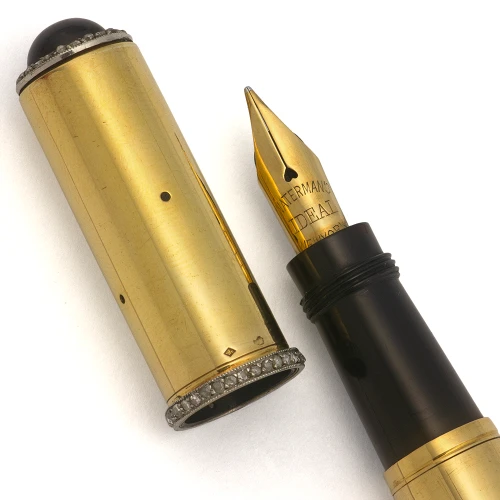 Vintage 42-Size Safety Pen w Solid Gold Overlay - Continental Smooth 18k Overlay, Flexible Waterman New York Nib (Excellent, Restored)