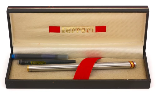 Ferrari Formula Fountain Pen by Aurora  (Italy, 1970s) - Brushed Steel w GT and Red, C/C, Medium GP Nib (Excellent + In Box, Works Well)