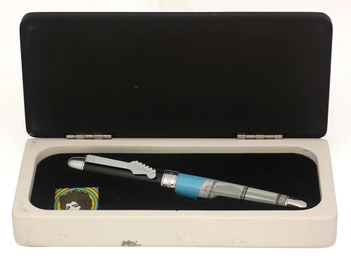 ACME Studios "JIMI" Fountain Pen - Jimi Hendrix, Black w Blue Graphics, CT, Cloisonne Pin, Medium Nib (Excellent + in Box, Works Well)
