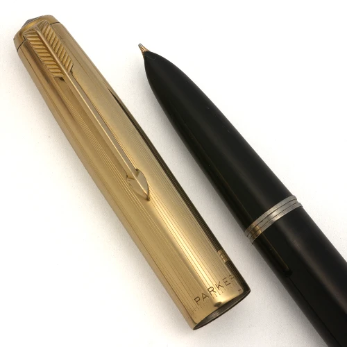 Parker 51 Aerometric Fountain Pen (1950s) - Black, GF Converging Lines Cap, Medium-Fine Gold Nib (Excellent, Works Well)