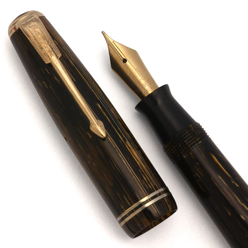 Parker Vacumatic Shadow Wave Fountain Pen (1939) - Brown, Star Clip, Speedline Filler, Fine Nib (Excellent +, Restored)