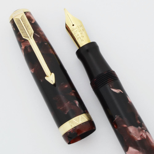 Parker Duofold New Style (1930s) - Burgundy Pearl and Black, Button Filler, 14k Flexible Medium (Excellent +, Restored)