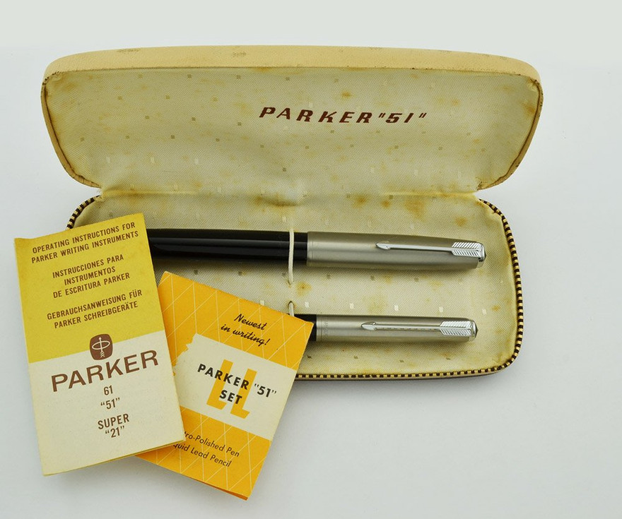 Parker 51 Special Pen and Pencil Set Black, Matte Steel Caps, Medium (Excellent + in Box, Work Parker 51 Special Pen and Pencil Set Black, Matte Steel Caps, Medium (Excellent + in Box, Work