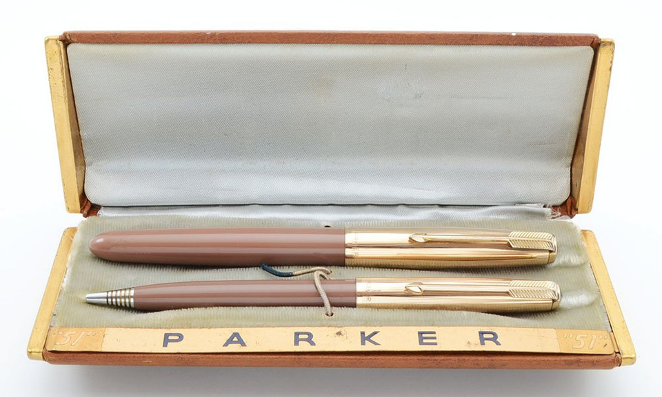 Parker 51 Fountain Pen and Pencil Set Aerometric, Cocoa, GF Converging Lines Cap, Medium