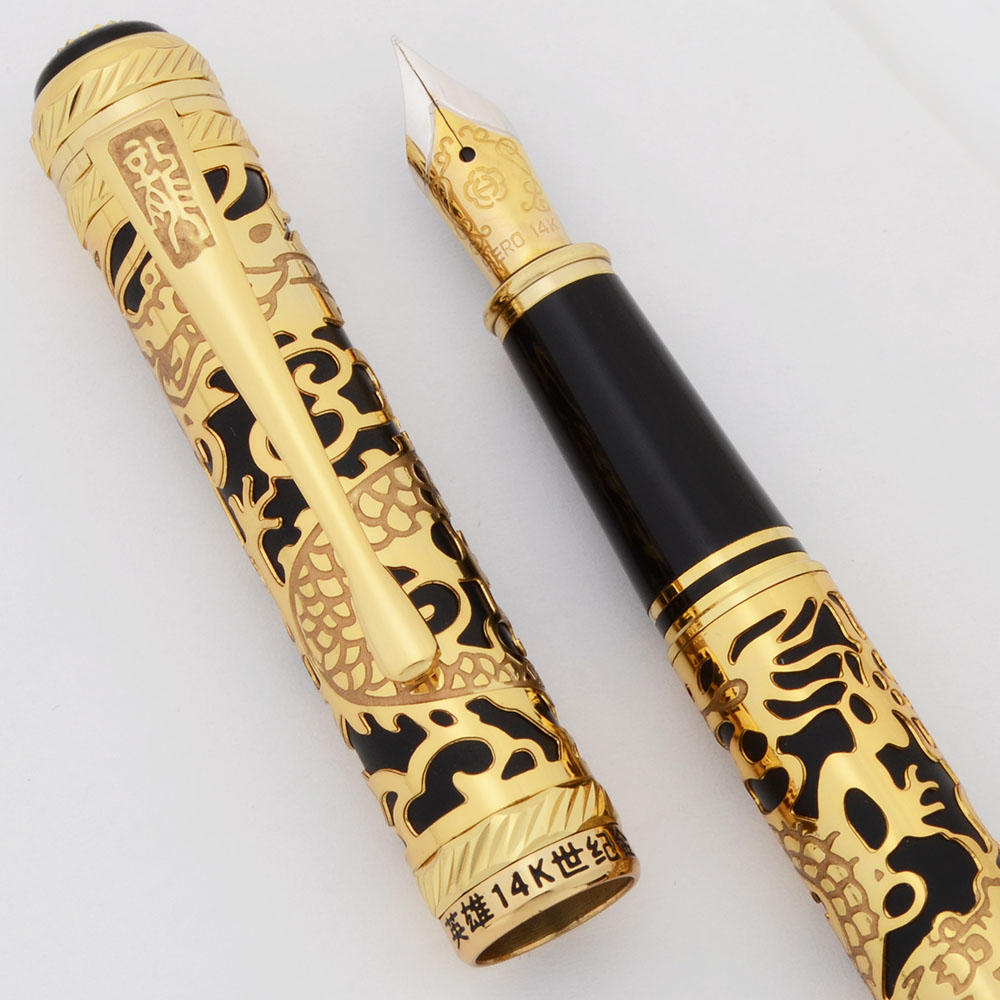 Hero Y2K Century Dragon Fountain Pen - Black w 24k GP Filigree, Fine 14k  Nib (Near Mint in Box, Works Well) - Peyton Street Pens