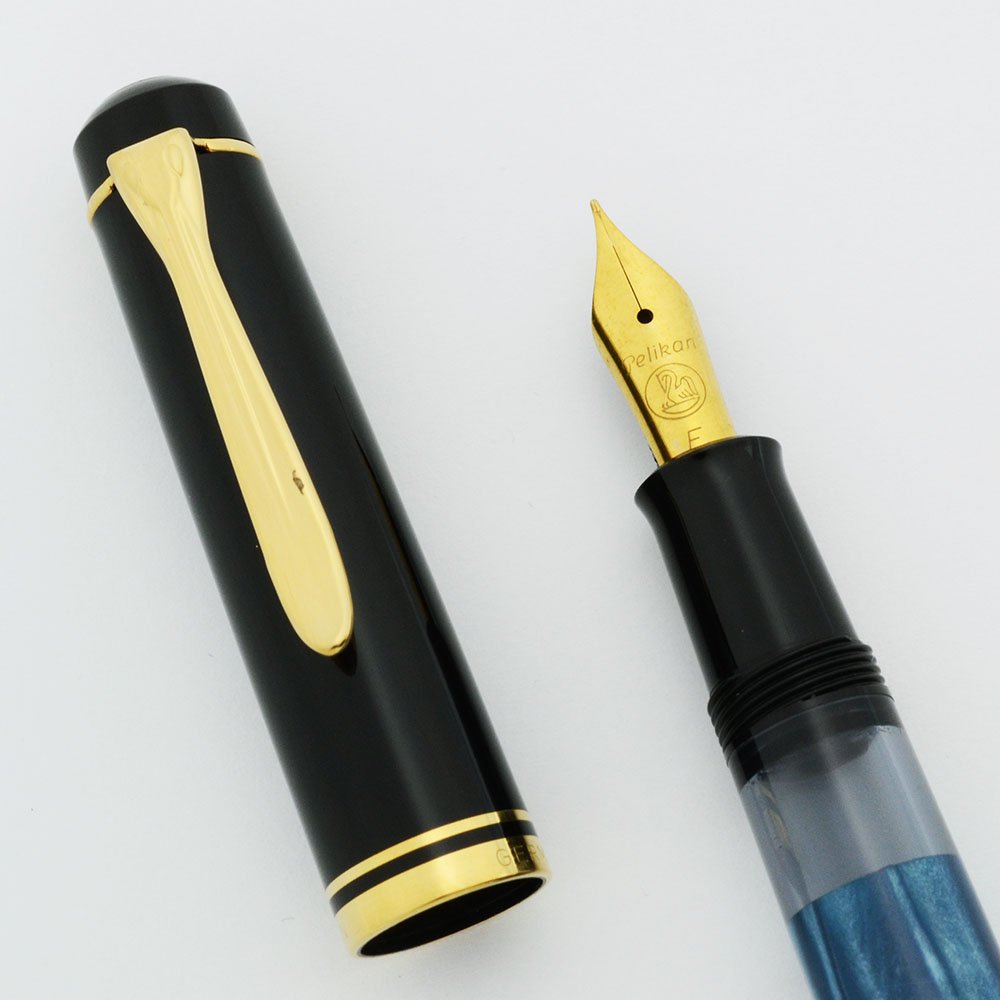 1997-2003 Vintage Pelikan M200 Black & Blue Marble M Medium GP Nib Piston  Fountain Pen