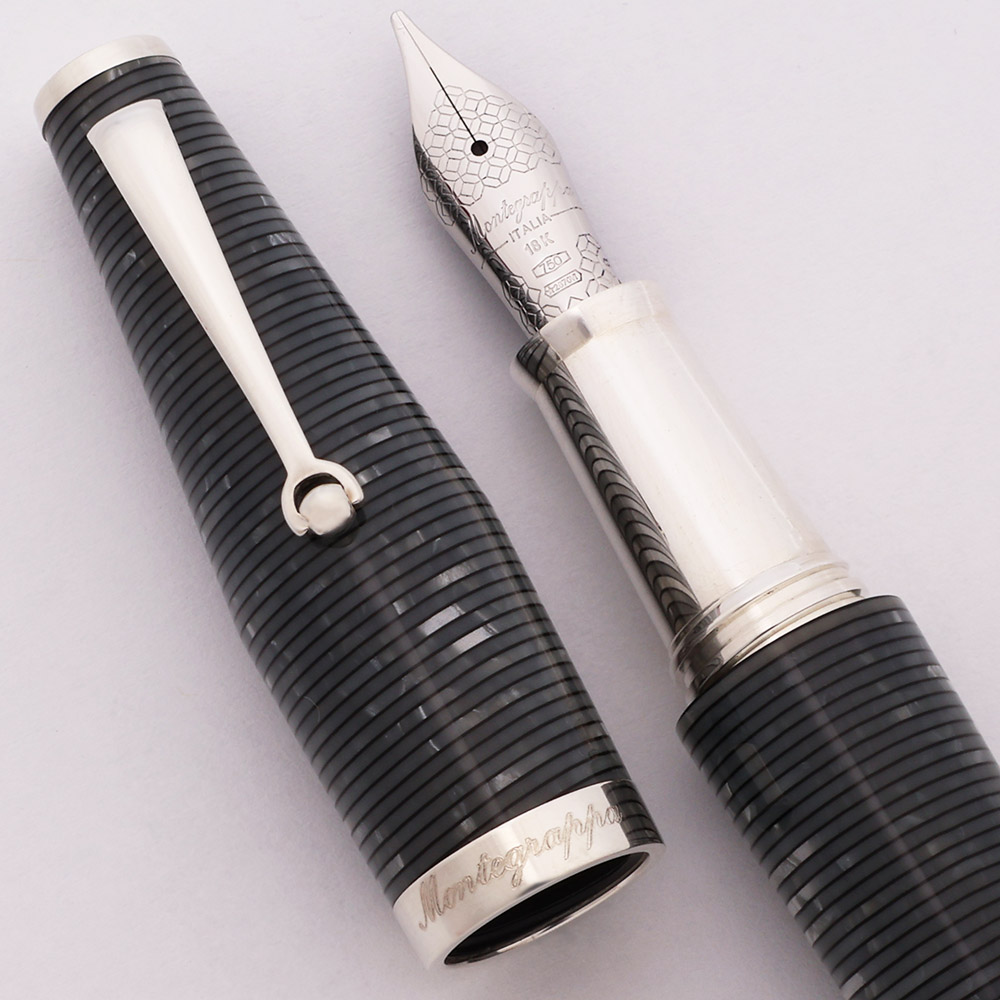 Montegrappa Beauty Book Gentleman's LE Fountain Pen Grey Striped  Celluloid w Sterling Trim, 18k Broad Nib (Excellent +, Works Well) - Main Image