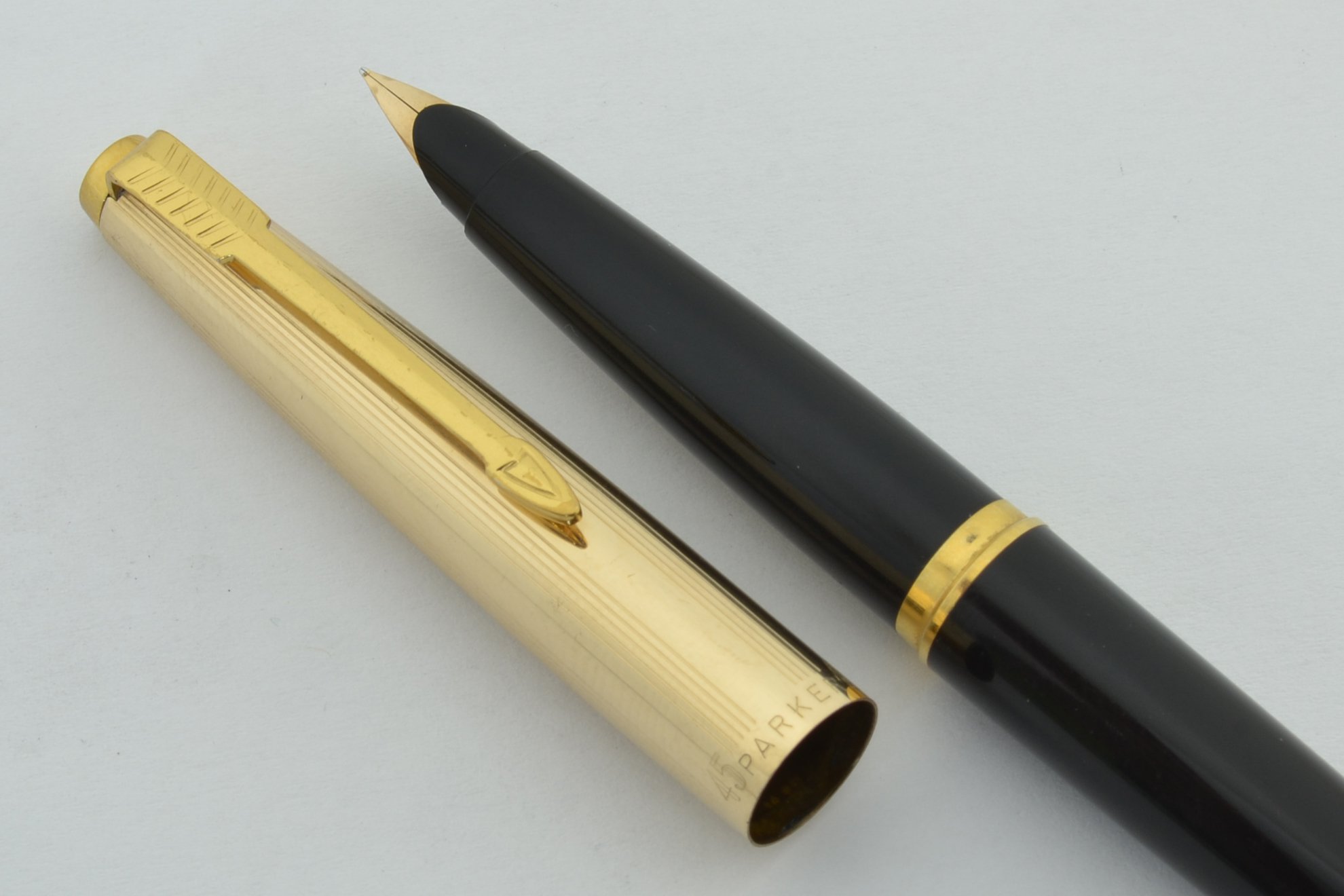 Parker 45 Fountain Pen - Black with GF Insignia Cap, Fine 14k Nib ...