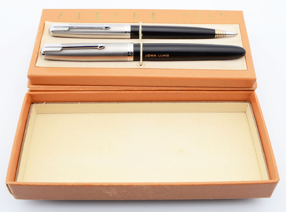 Parker 51 Aerometric Fountain Pen Set (1948) - Black, Lustraloy Cap, .9mm  Lead, Fine 14k Nib (Excellent + in Box, Works Well)