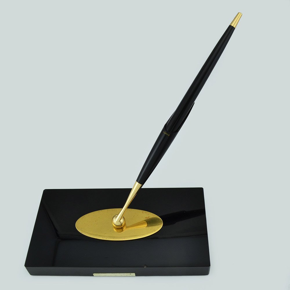 Vintage Parker Magnetic Desk Pen Set with Square Black Glass Base & Box,  Works