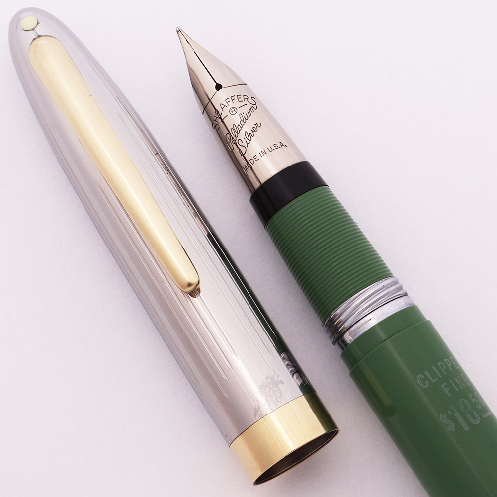 Sheaffer Clipper Snorkel Fountain Pen (1952-59) - Sage Green Two-Tone Lined  Cap, Fine PdAg Triumph Nib (Excellent, Restored)