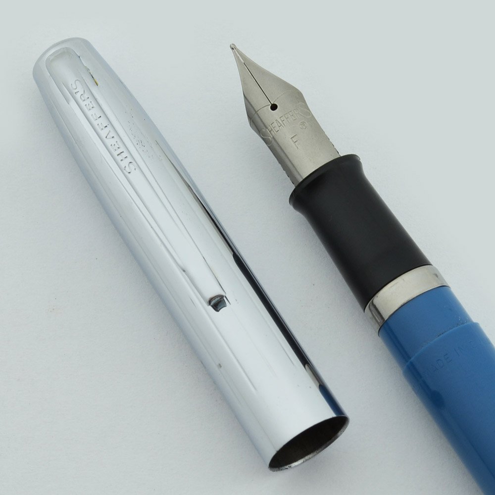 Sheaffer 1970s Cartridge Pen Blue w Chrome Cap, Fine Nib (NOS, Canada
