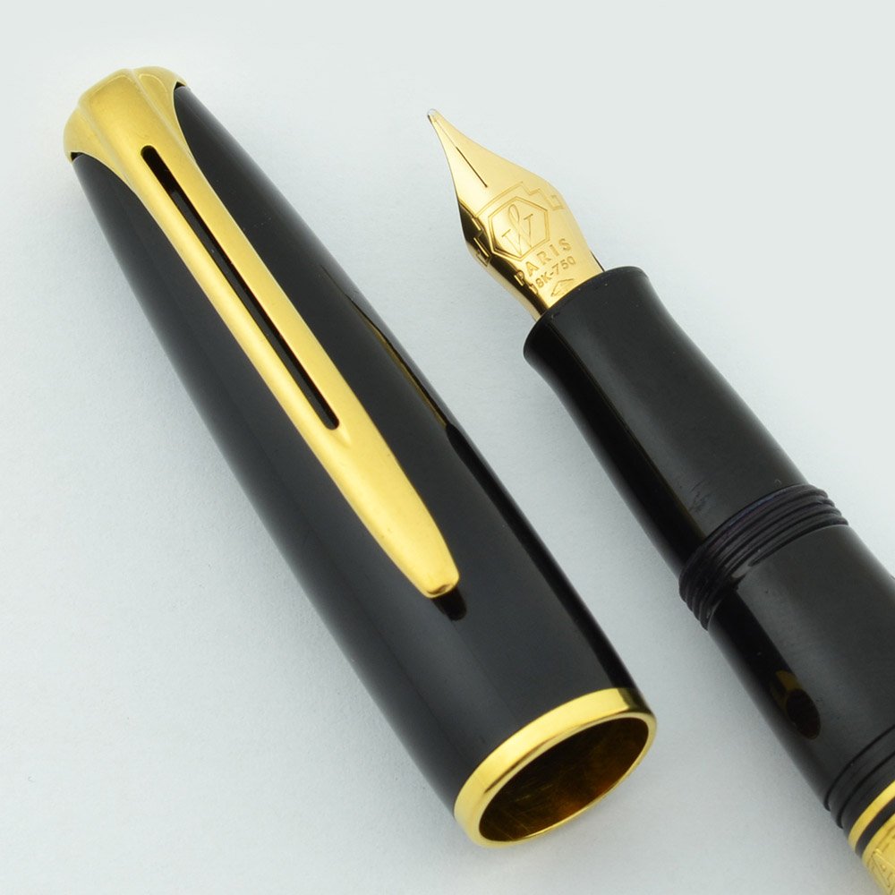 Waterman Charleston Fountain Pen - Ebony Black, Gold Trim, Medium 18k Nib  (Excellent, Boxed) - Peyton Street Pens