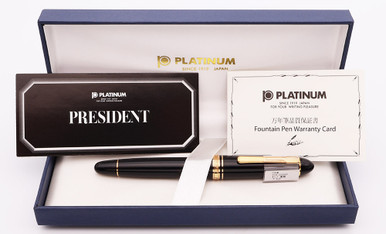 Platinum President Fountain Pen - Black w Gold Trim, Various 18k