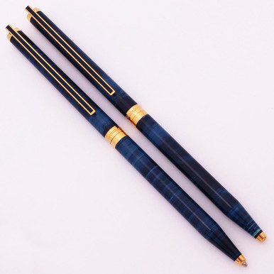 S T Dupont Classique Ballpoint and Pencil Set - Blue Strata w GT