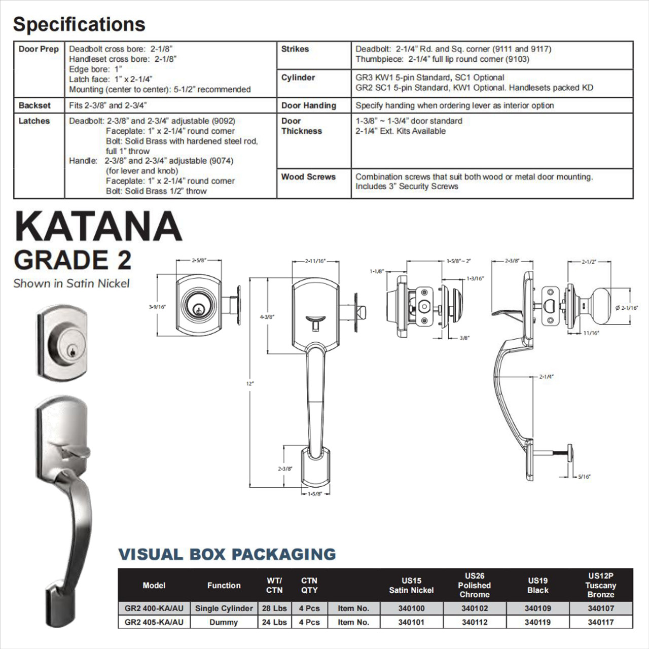 Katana Dummy Trim Handleset, Exterior Only, Satin Nickel (US15