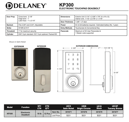 KP300 Electronic Touchscreen Deadbolt US12P