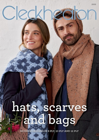 Cleckheaton hats, bags and scarves pattern book has a large variety of modern looks in 8,10, or12 ply merino.