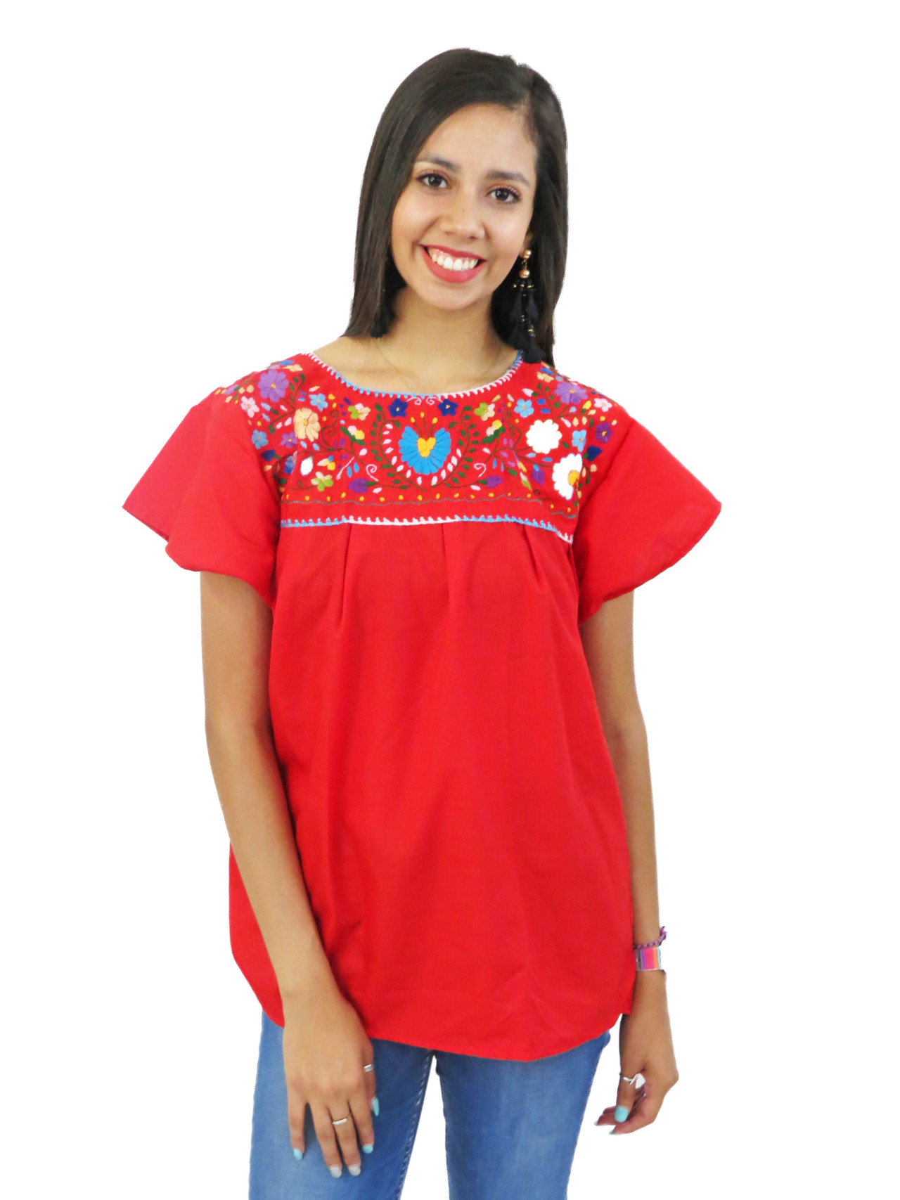 Mexican Floral Blouse Puebla | Hand-Embroidered | Short Sleeve ...