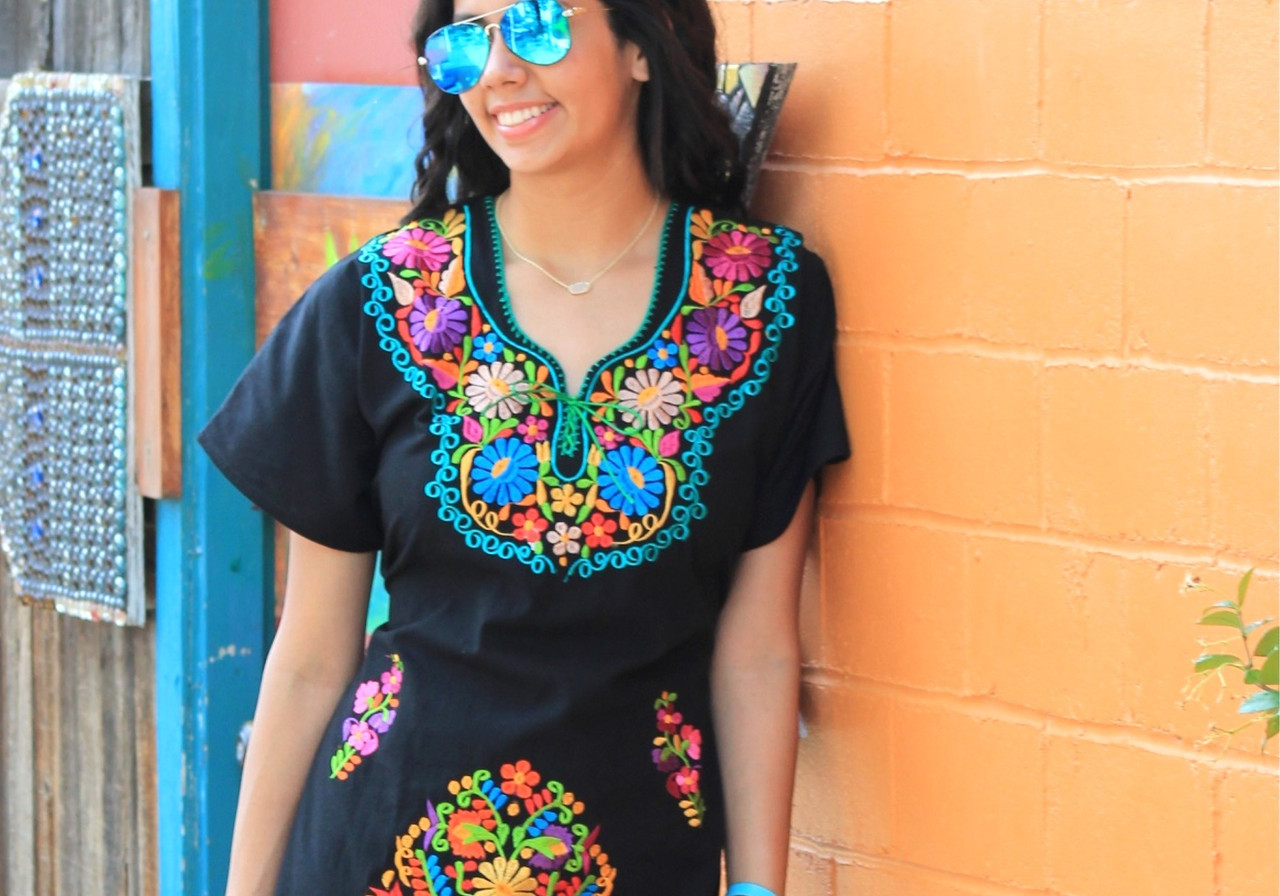 Mexican Dress Puebla Short with Tan Embroidery Mini Dress | For women Sizes  S-XL