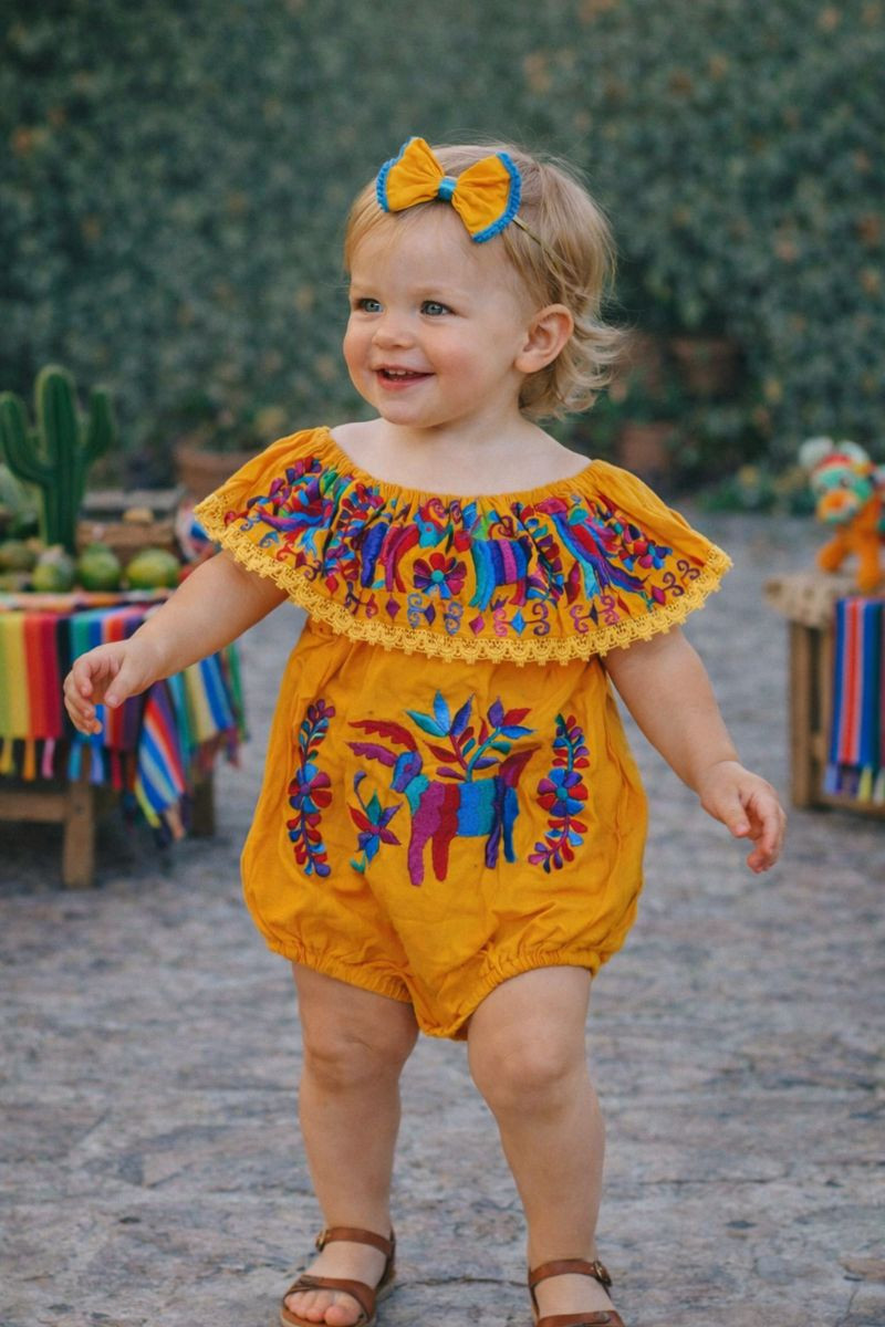 sachin and babi light blue dress Handmade Mexican Embroidered Baby Romper with Bow – Floral Off-Shoulder