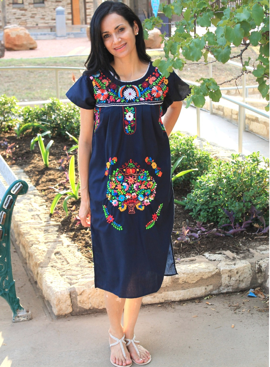 Mexican Dress Puebla Authentic Women's Hand Embroidered Floral Design