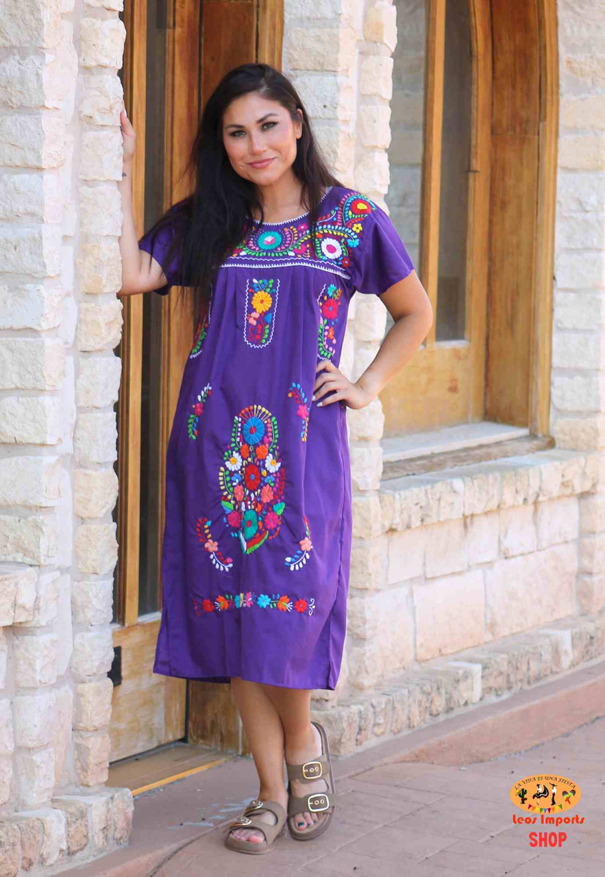sachin and babi light blue dress Mexican Dress Puebla – Hand Embroidered Floral Design