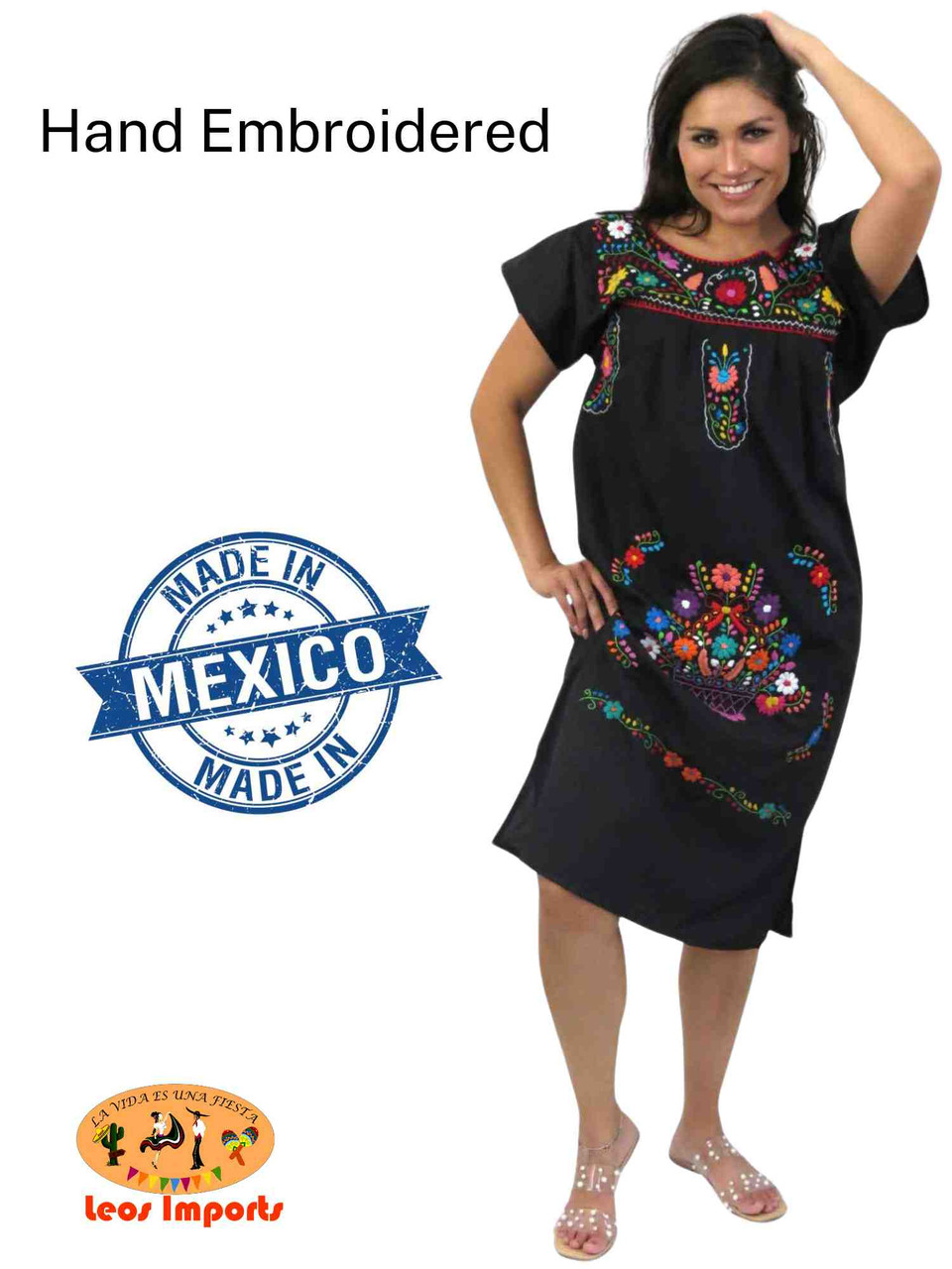 Mexican Dress Puebla  Hand Embroidered Floral Design