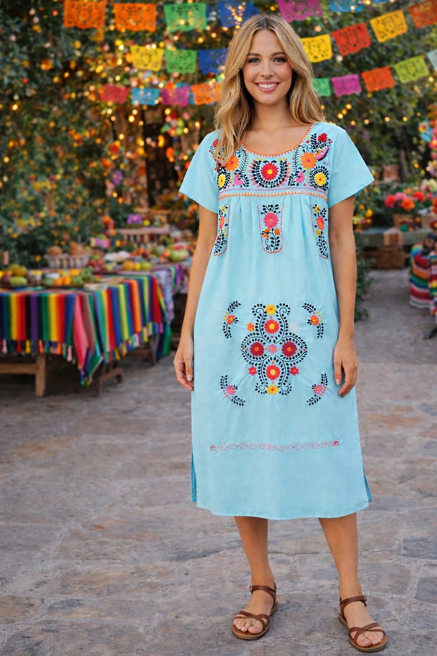 Leos Imports Mexican Dress Puebla (Small, Navy), Women's, Blue