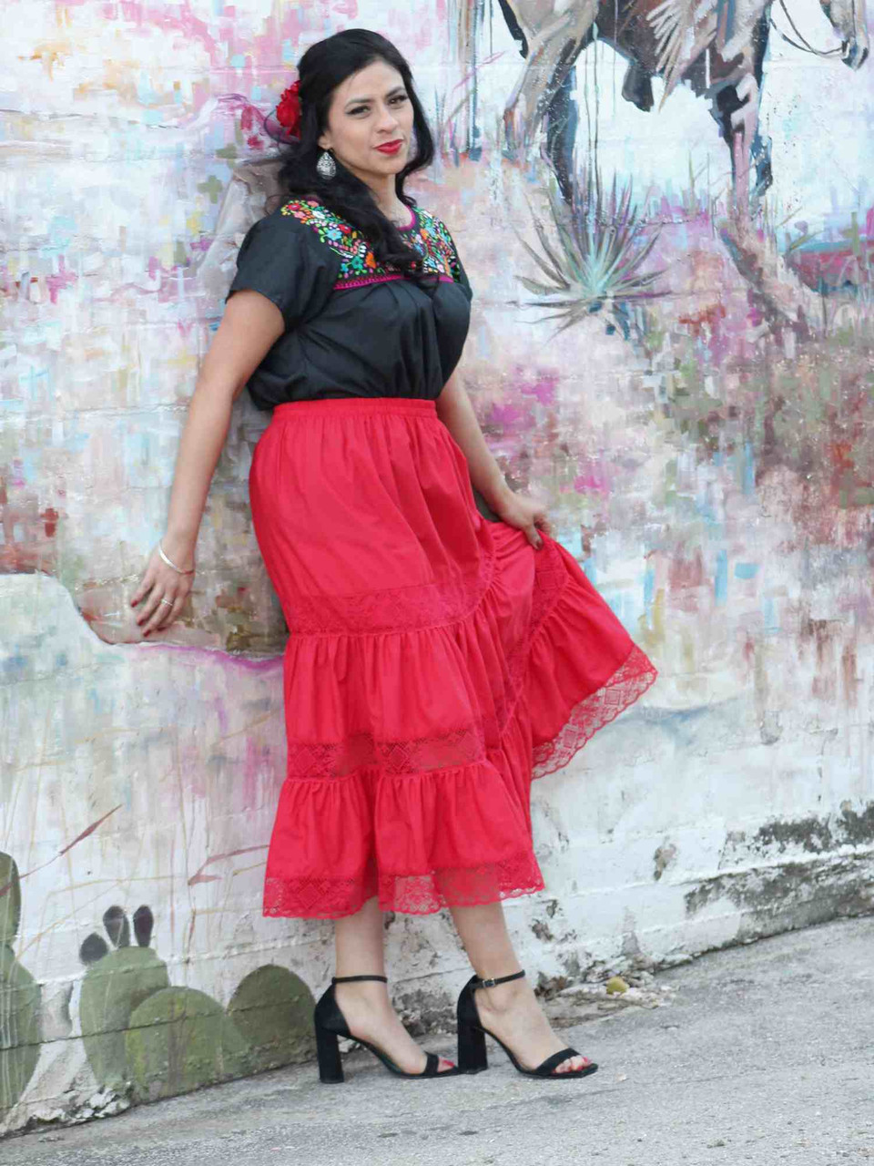 Traditional Artesenias Mexican Laced skirts for women, maxi skirts, long  boho skirt, Ethnic flowy skirt - Made in Mexico (Red)