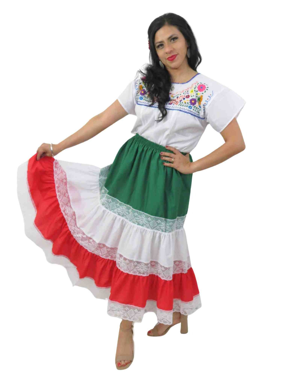 Tri-Color Mexican Flag Skirt | Below-the-Knee Length Cotton Blend Vibrant Red, White, and Green Design Ideal for Cinco de Mayo Celebrations One Size