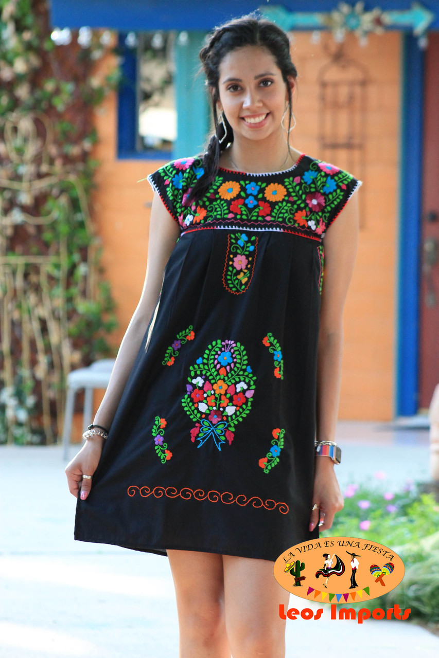 black mexican embroidered dress Womens Traditional Embroidered Manta Dress Our Lady Of Guadalupe Black main image 0