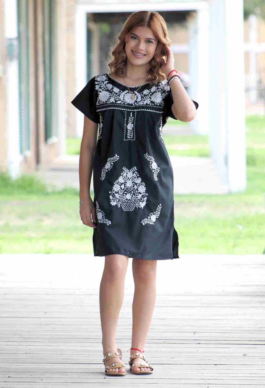 women's black embroidered dress Mersea Women's Linen Shop in Noir/Cream
