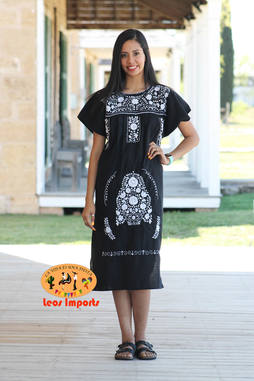 Mexican Dress Puebla Black W/ Multicolored Embroidery -  Canada
