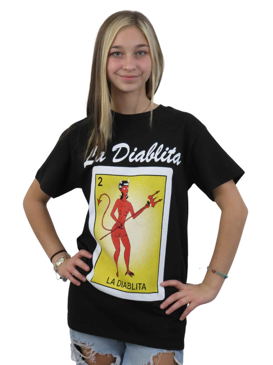 2 La Diablita Mexican Bingo Funny T Shirt Female Version of El Diablito Loteria Card Design Cotton Tee for Women Ideal for Mexican Fiesta and