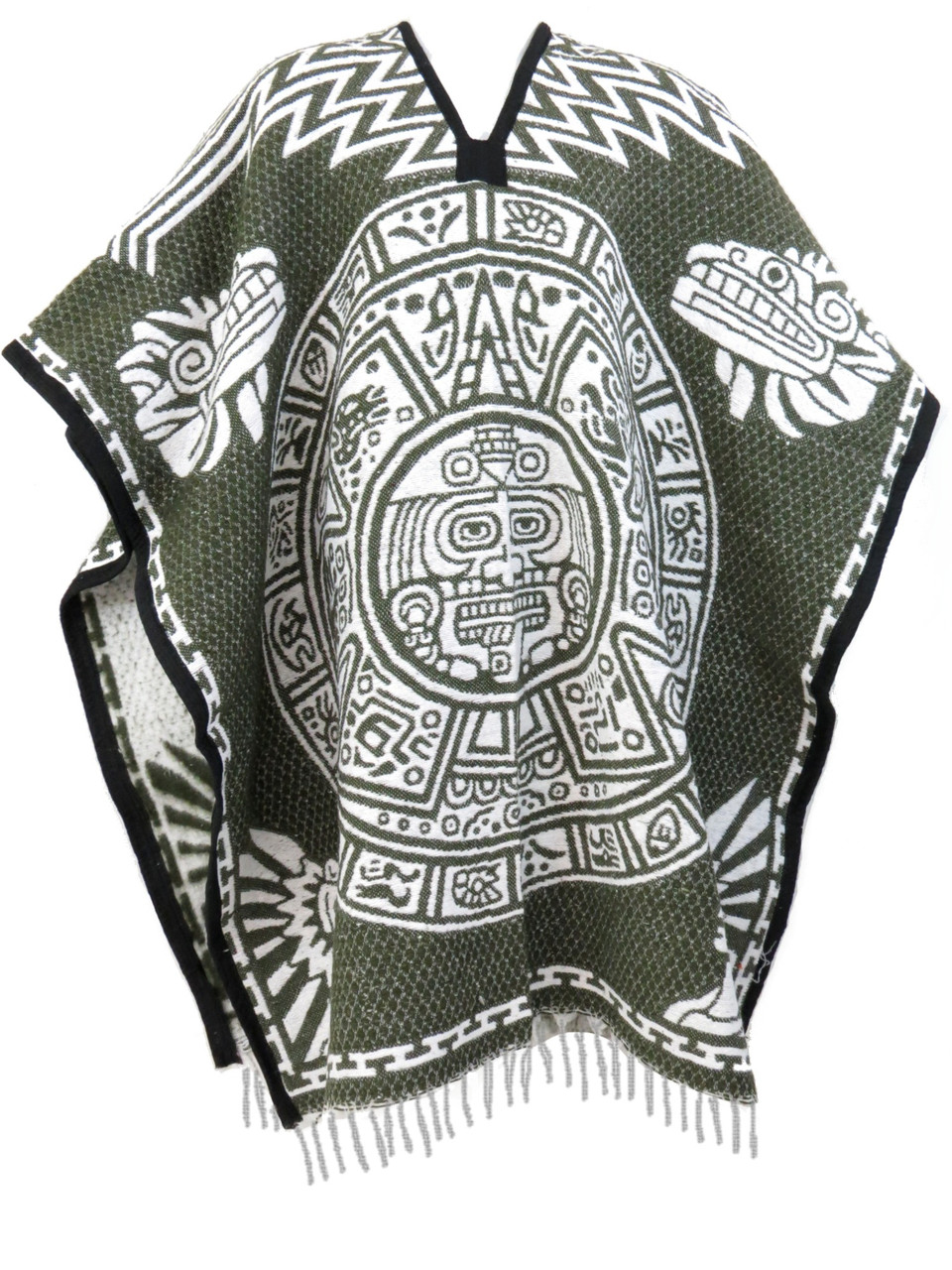 Authentic Mexican Poncho Aztec Calendar Unisex Reversible Cobija Blanket Olive Green