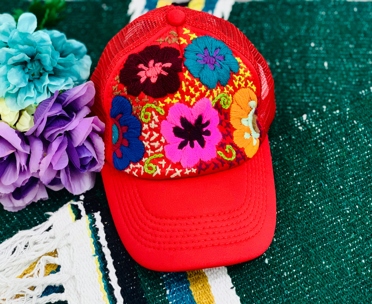 Chiapas Cap with Traditional Embroidery | Mulitcolor floral embroiderd caps