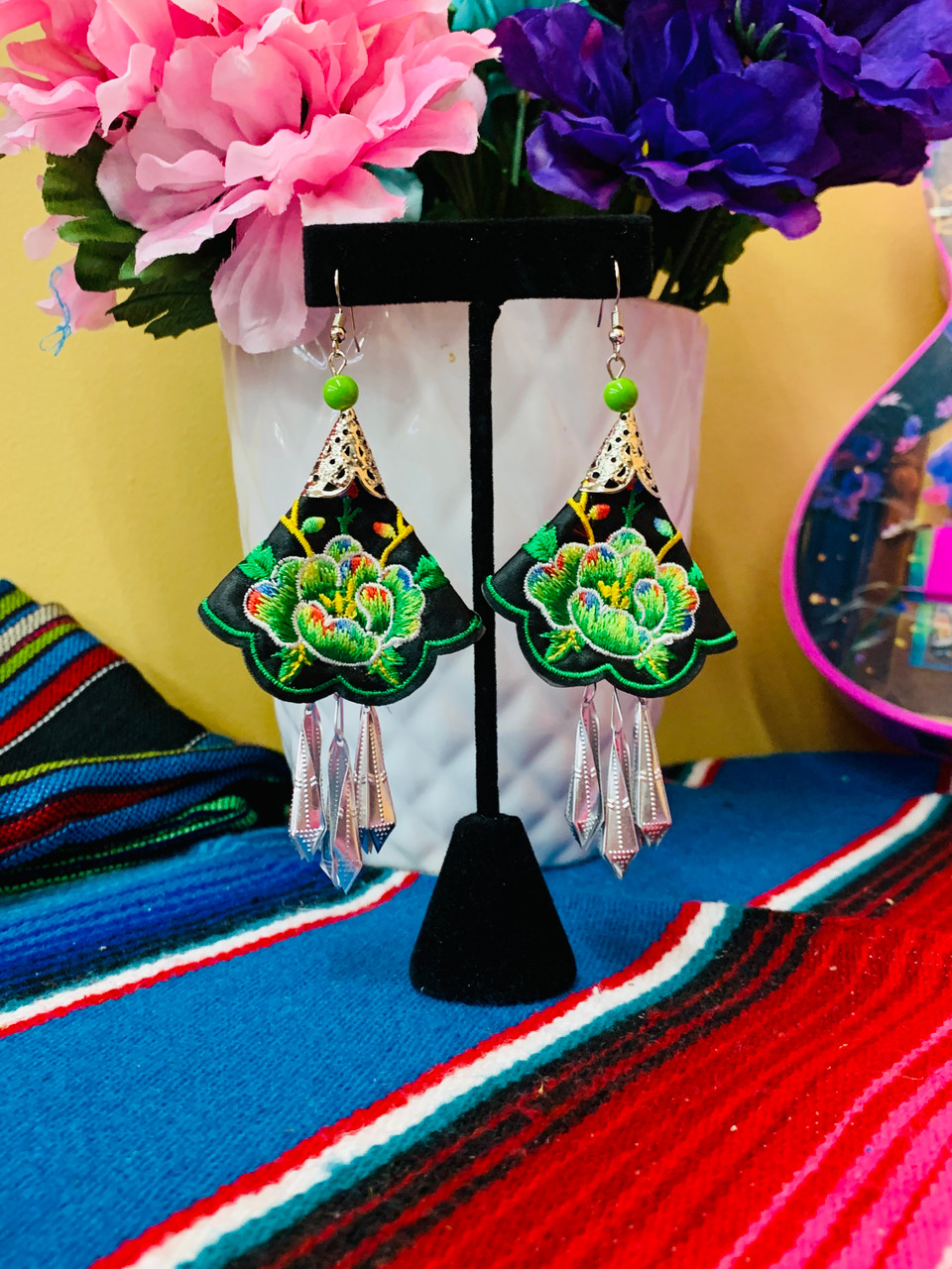 Mexican Floral Embroidered Dangle Earrings Assorted Colors | Handcrafted Statement | Vibrant Cultural Flair