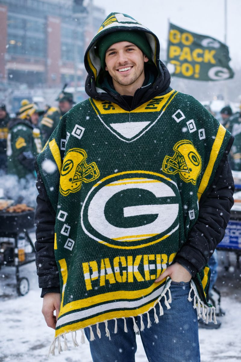 NFL Bay Packers Mexican Poncho with Hood - Authentic Handmade