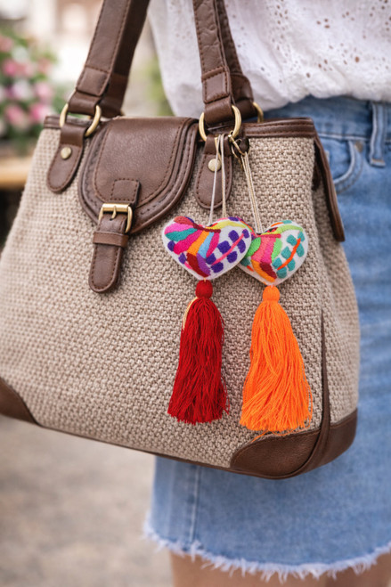 Handmade Mexican Heart Tassel Charms – 2-Pack, Multicolor, Embroidered