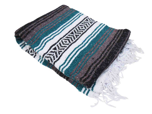 Teal Green Falsa Blanket – Handmade Mexican Yoga, Beach, Picnic & Camp Throw with Fringed Edges