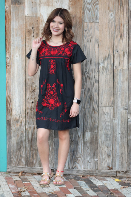 Mexican Dress Puebla Short Black with Red Embroidery Mini Dress | For women Sizes S-XL