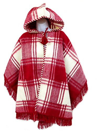 Wool Blend Cuadrados Poncho from Ecuador (Red / Cream) 