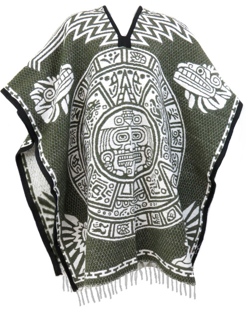 Authentic Mexican Poncho Aztec Calendar Unisex Reversible Cobija Blanket (Olive Green)