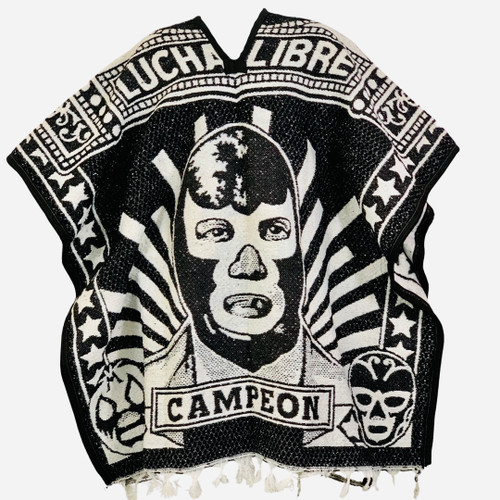 Mexican Poncho Pancho Cobija Blanket Lucha Libre Luchadores Clasicos El Santo Blue Demon For Men and Women Unisex One Size Black, Gaban Mexicano Negro