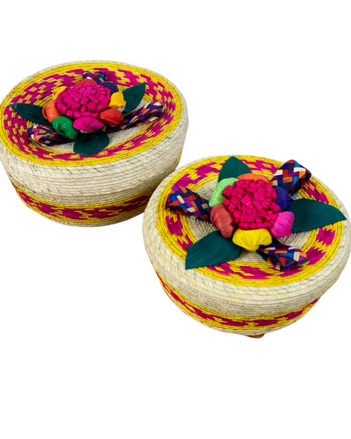 Traditional Mexican Two Set palm/straw tortilla warmer basket, multicolor tortillera, small and large tortilla holder- Handmade in Mexico