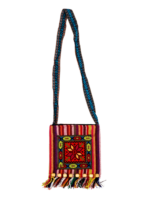 Boho Beaded Fringe Multicolored Embroidered Floral Fabric Crossbody Bag | Hippie Purse