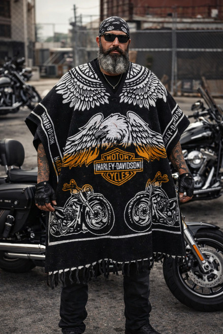 Harley Davidson Edition Mexican Poncho with Hoodie - 42x40 Inches